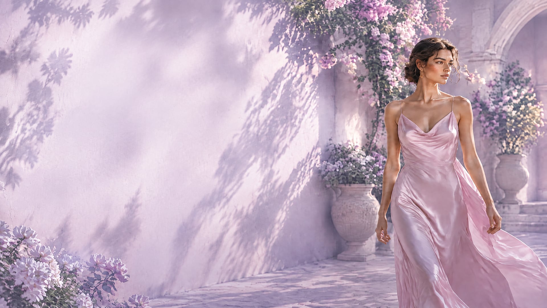 Model in a pink silk slip dress walking past a lavender wall with climbing flowers — the season's hero look