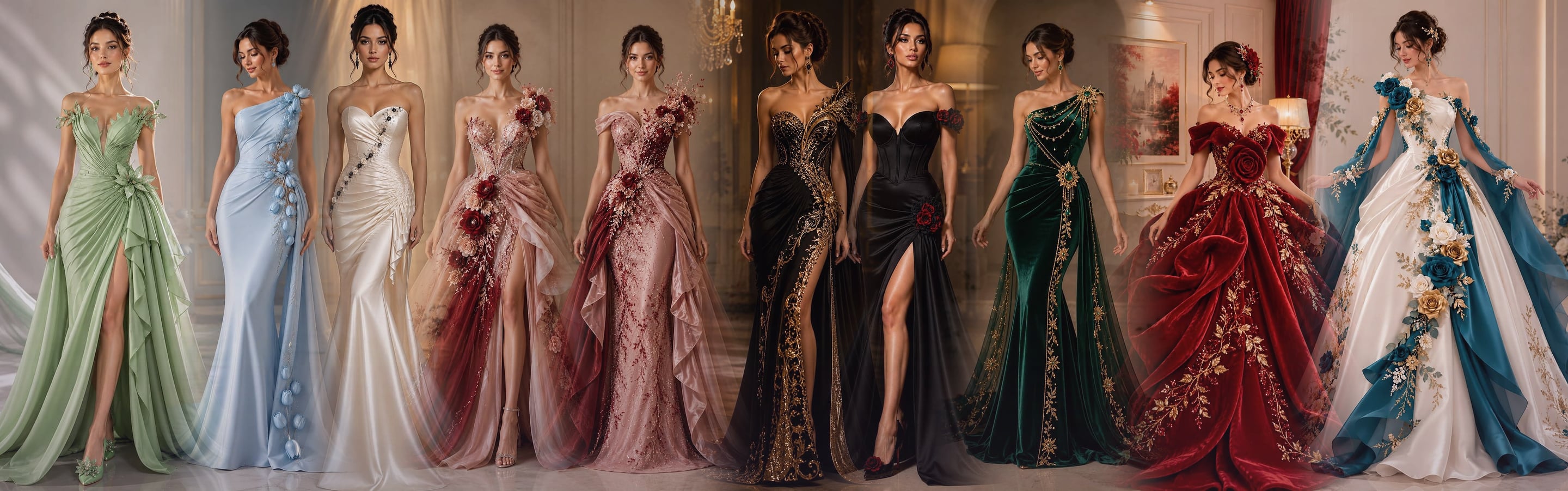 Ten Flora Dahlia models together: sage, pale blue, ivory satin, blush, rose, black and gold, black, emerald velvet, crimson and teal-and-ivory gowns